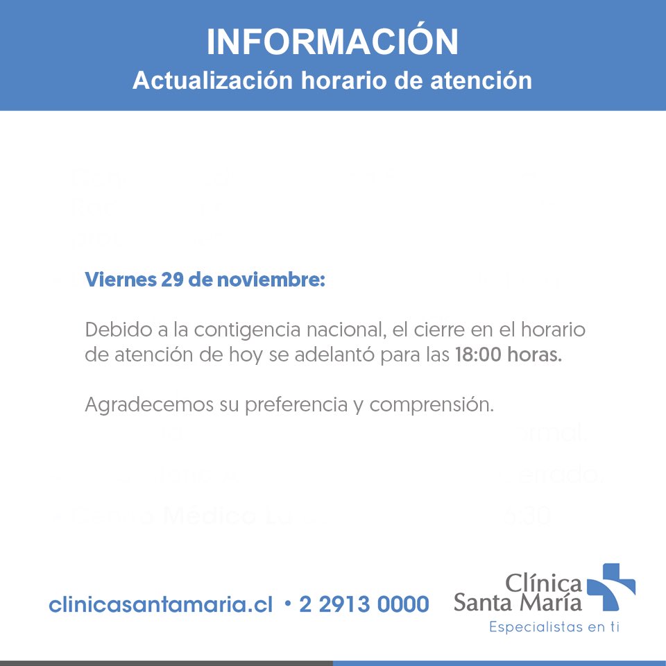 Actualización en el horario de atención de hoy, viernes 29 de noviembre.