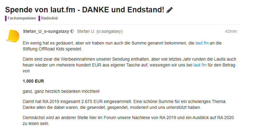 radionetzwerk's tweet photo. Der Endstand von #RadioAid 2019!
Vielen Dank an @laut_fm! https://t.co/dgRwrgeEzk