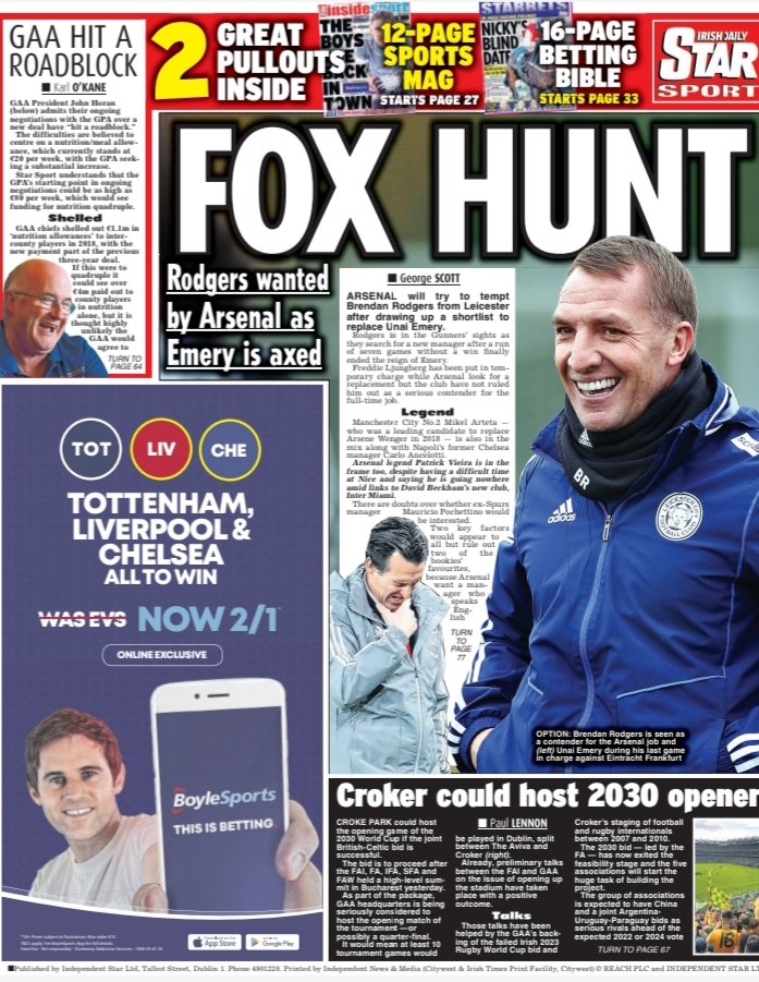 Saturday's @IrishStarSport back page. 2 good stories from @KarlOKane in Abu Dhabi and Paul Lennon in Bucharest. And poor old Unai of course. 46 pages of sport.