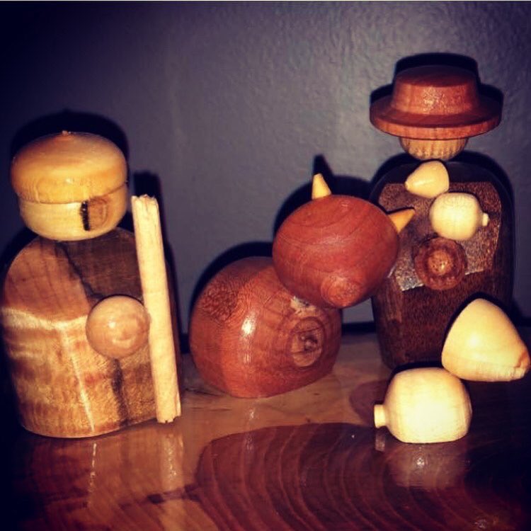 mcmurdoa's tweet photo. Latest commission finished for delivery. Not too late to get yours before Christmas. Bespoke 14 piece nativity. All hand crafted from various hardwoods with a live edge base. https://t.co/SLVsfbidXh