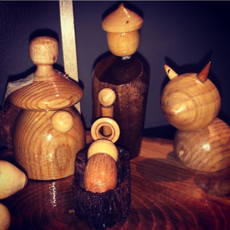 mcmurdoa's tweet photo. Latest commission finished for delivery. Not too late to get yours before Christmas. Bespoke 14 piece nativity. All hand crafted from various hardwoods with a live edge base. https://t.co/SLVsfbidXh