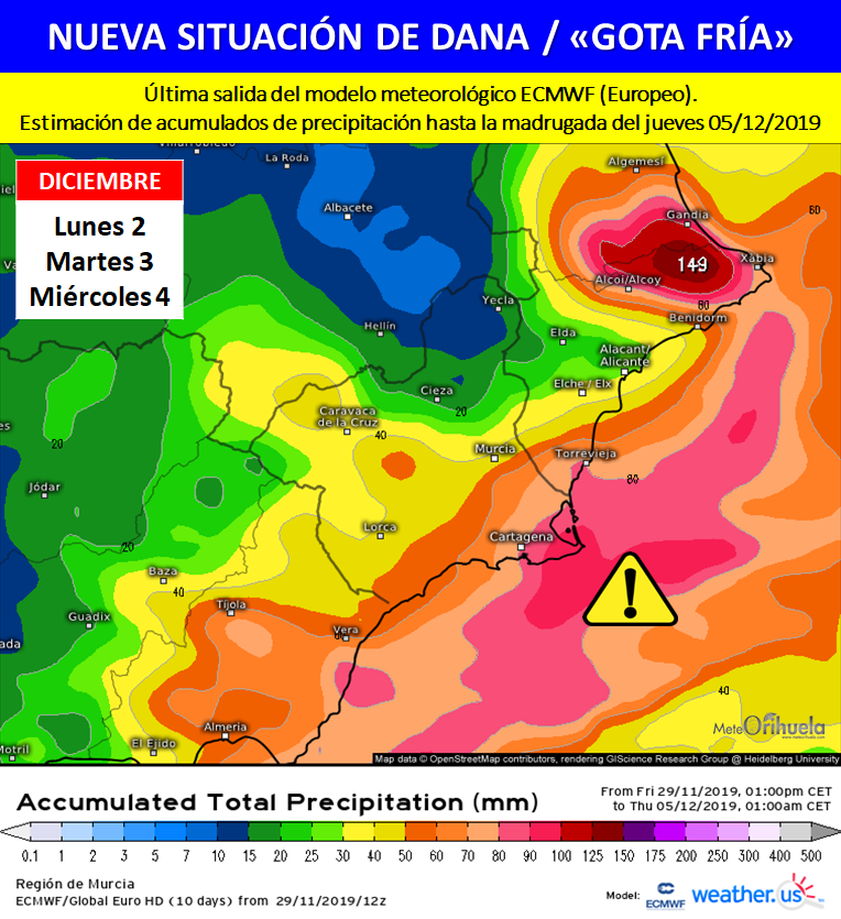 MeteOrihuela's tweet photo. ¡Nueva situación de #DANA / "#GotaFría" a la vista! Estimación de acumulados de precipitación hasta la madrugada del jueves 05/12/2019. Alta probabilidad de #lluvia / #nieve (cota 1200-1500 m) en el sureste peninsular a lo largo del lunes 2, martes 3 y miércoles 4 de #diciembre. https://t.co/NrG6iHHWGm