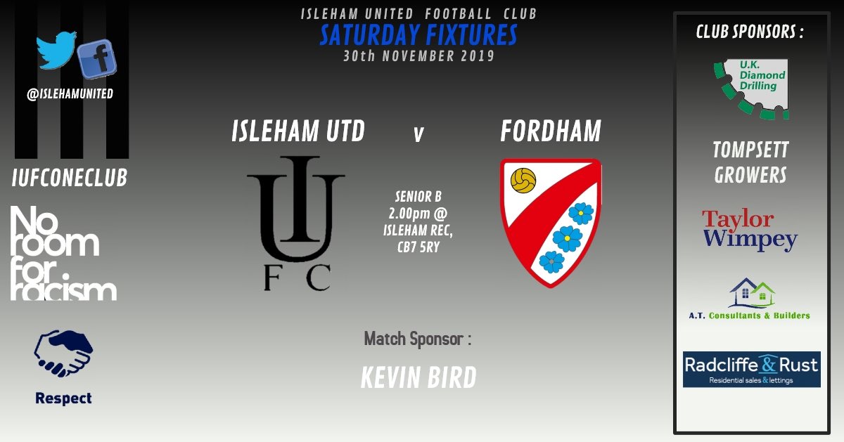 ⚫️⚪️IUFC Fixture⚪️⚫️
This weekend we welcome our friends from over the bridge <a href="/FordhamFC/">Fordham FC</a> for what is always a well attended and close fought local derby between both teams!
This weeks match sponsor: Kevin Bird