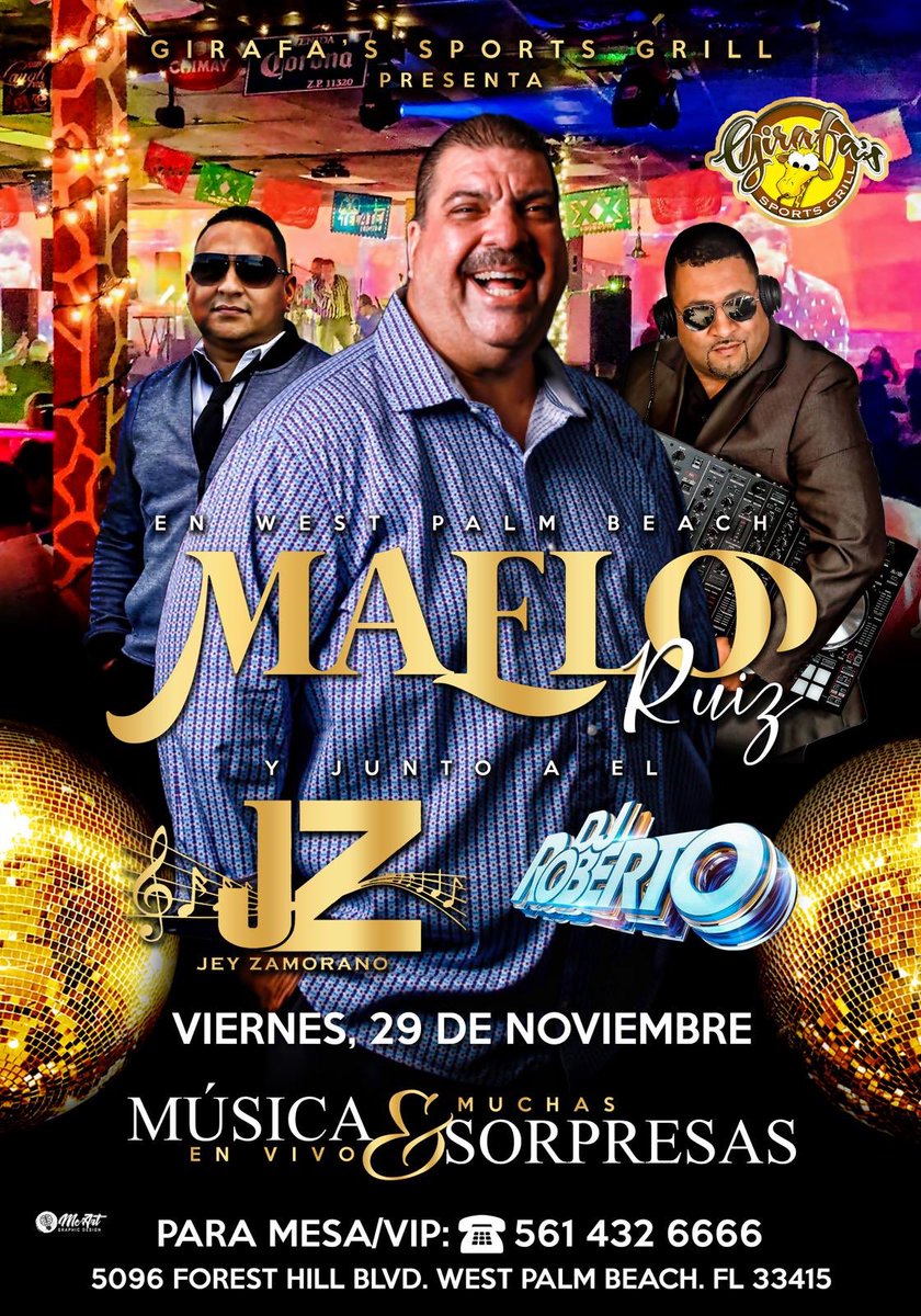 Saludos salseros, ya me encuentro en West Palm Beach preparado para entregarle todo mi repertorio esta noche en Girafa’s Sport Grill !! No te lo pierdas, busca tu ticket ya ! Si no vas Te Va a Doler 

#TourUSA2019

OTRA VEZ... MAELO RUIZ
