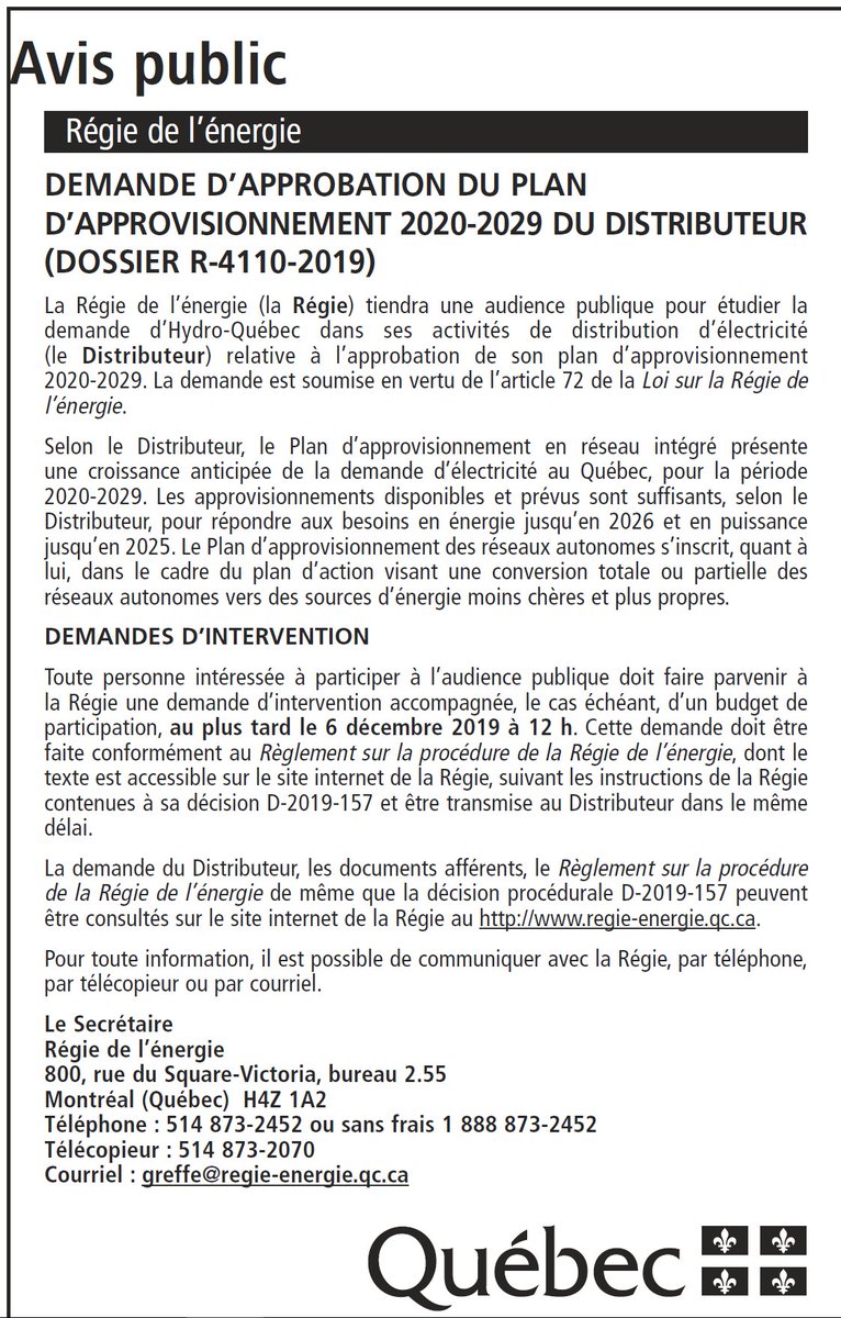 Hydro Quebec On Twitter Avis Public De La Regie De L Energie Concernant Le Plan D Approvisionnement D Hydro Quebec Distribution