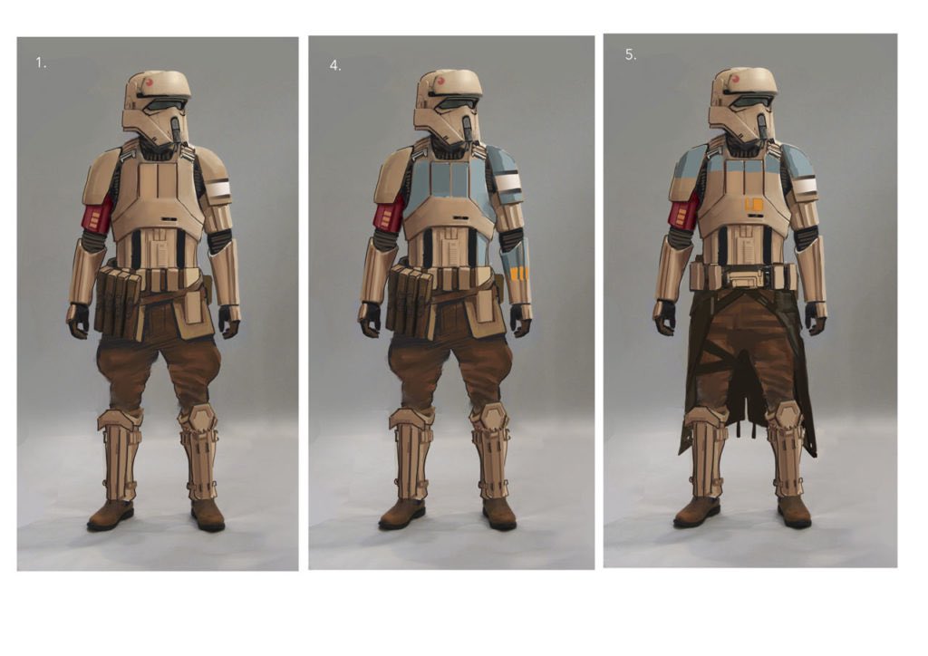 (2) Glyn Dillon, co-costume designer, explored the scout trooper helmet, in terms of that biker look, and merged it with a regular stormtrooper. And then, because this film happens before Episode IV, they bridged a little bit of the clone troopers in, as well. Continued 