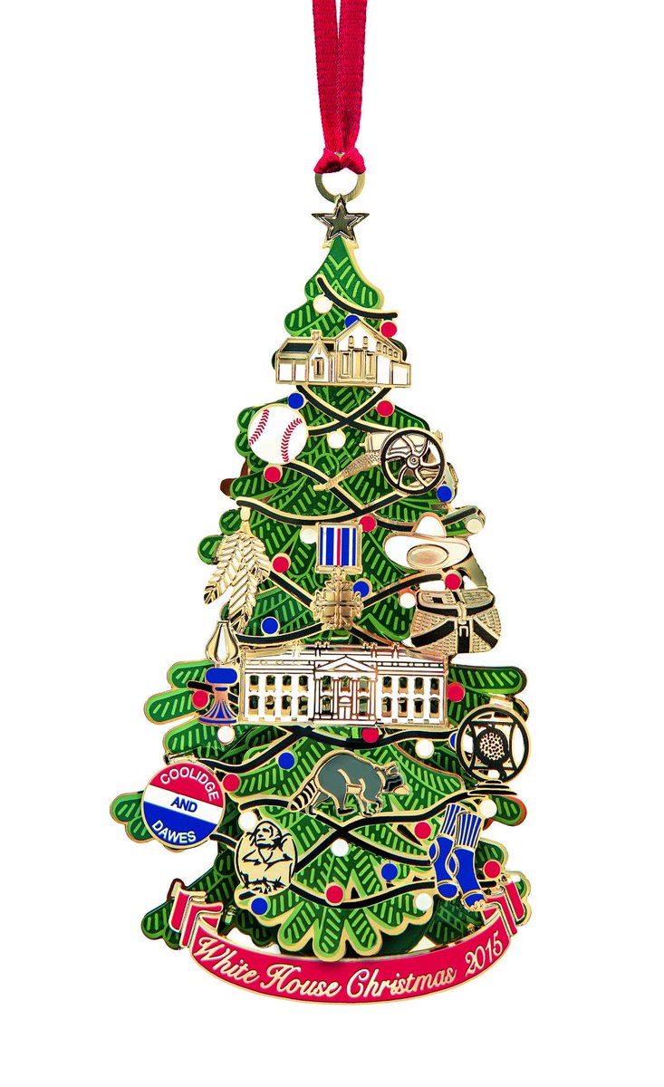 The 2015 ornament honors the administration of the 30th president, Calvin Coolidge. This tree ornament depicts the first National Christmas tree and is illuminated from within. Coolidge was the first to light the National Christmas Tree in 1923.See more:  https://shop.whitehousehistory.org/holidays/ornaments/2015-white-house-christmas-ornament