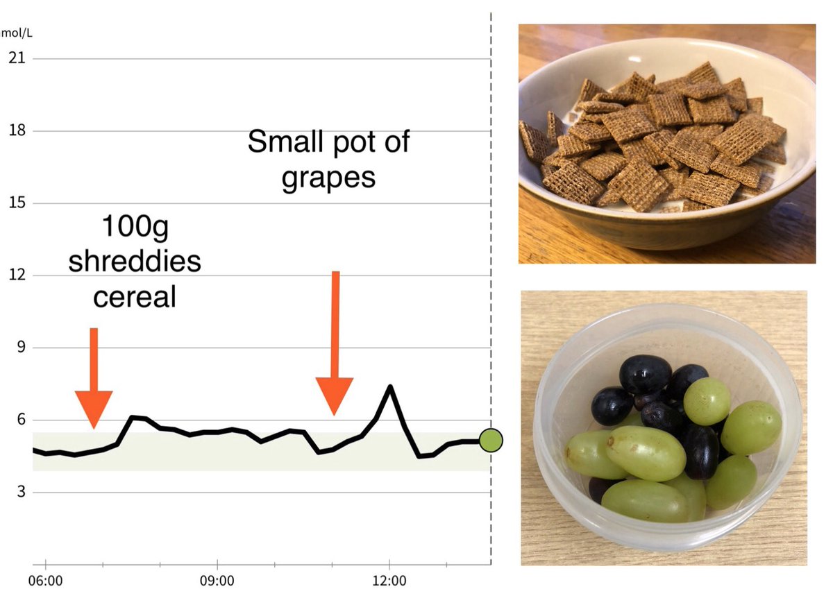 More fruit and healthy whole grains caused my glucose levels to spike I felt awful after eating those shreddies and so bloated. I used to eat a big bowl like this all the time. I was so hungry by the time I had the grapes and then roller coaster again with my sugars.