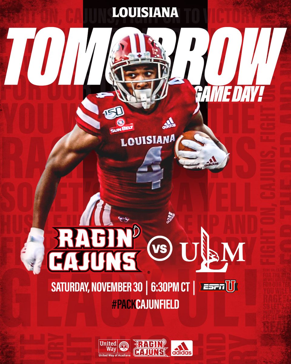 RaginCajunsFB's tweet photo. 💪 For the seniors.
🆚: ULM
🤟 : Senior Day
🚩: Cajun Field
🗓️: Saturday, Nov. 30
⌚: 6:30PM kickoff
📺: ESPNU
📻: @espn1420
🎟: https://t.co/CpCnbIuWWq
#cULture | #GeauxCajuns https://t.co/D4Ye1DbMUW