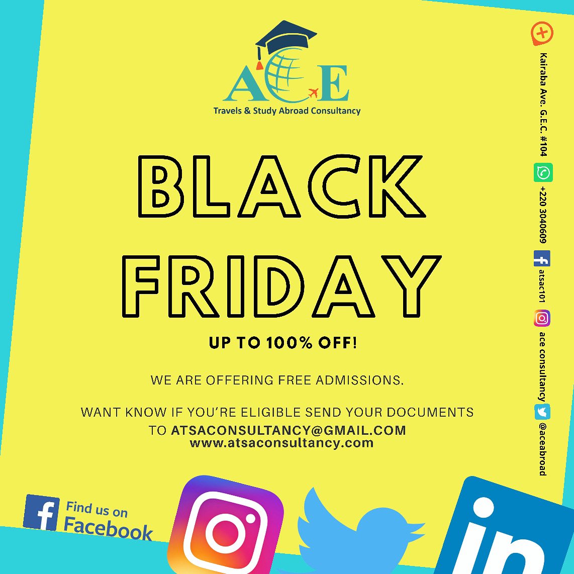 AceAbroad's tweet photo. Yes Yes Yes!!! It’s BLACK FRIDAY again FREE ADMISSIONS send in your documents and apply to your dream country now! atsaconsultancy@gmail.com so Hurry up now and grab the opportunity! #bkackfriday https://t.co/V5oBas0XXx
