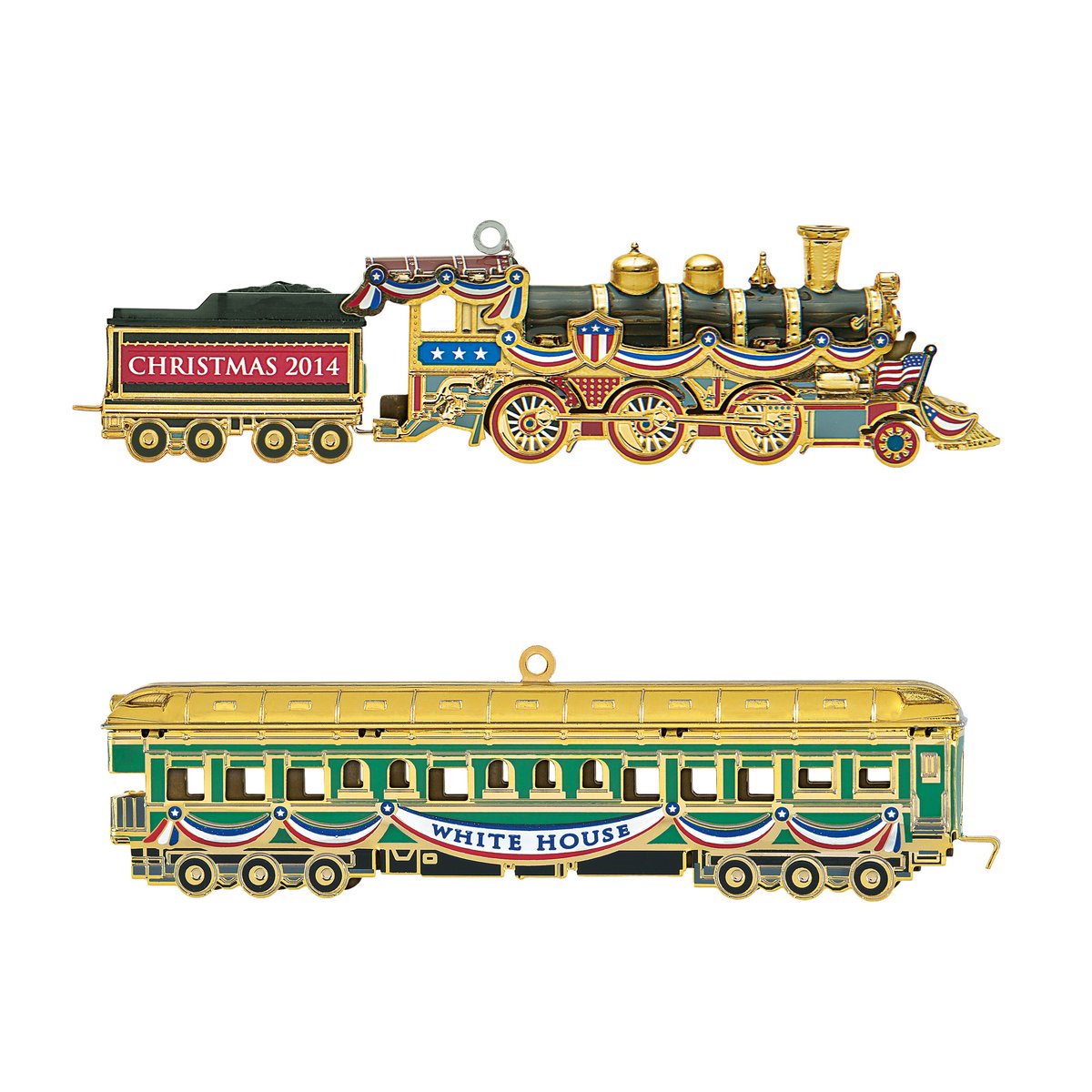 The 2014 edition remembers the administration of Warren G. Harding. The train commemorates his time at the controls on the Alaskan railroad during his “Voyage of Understanding,” a transcontinental speaking and sightseeing tour. https://shop.whitehousehistory.org/holidays/ornaments/2014-white-house-christmas-ornament