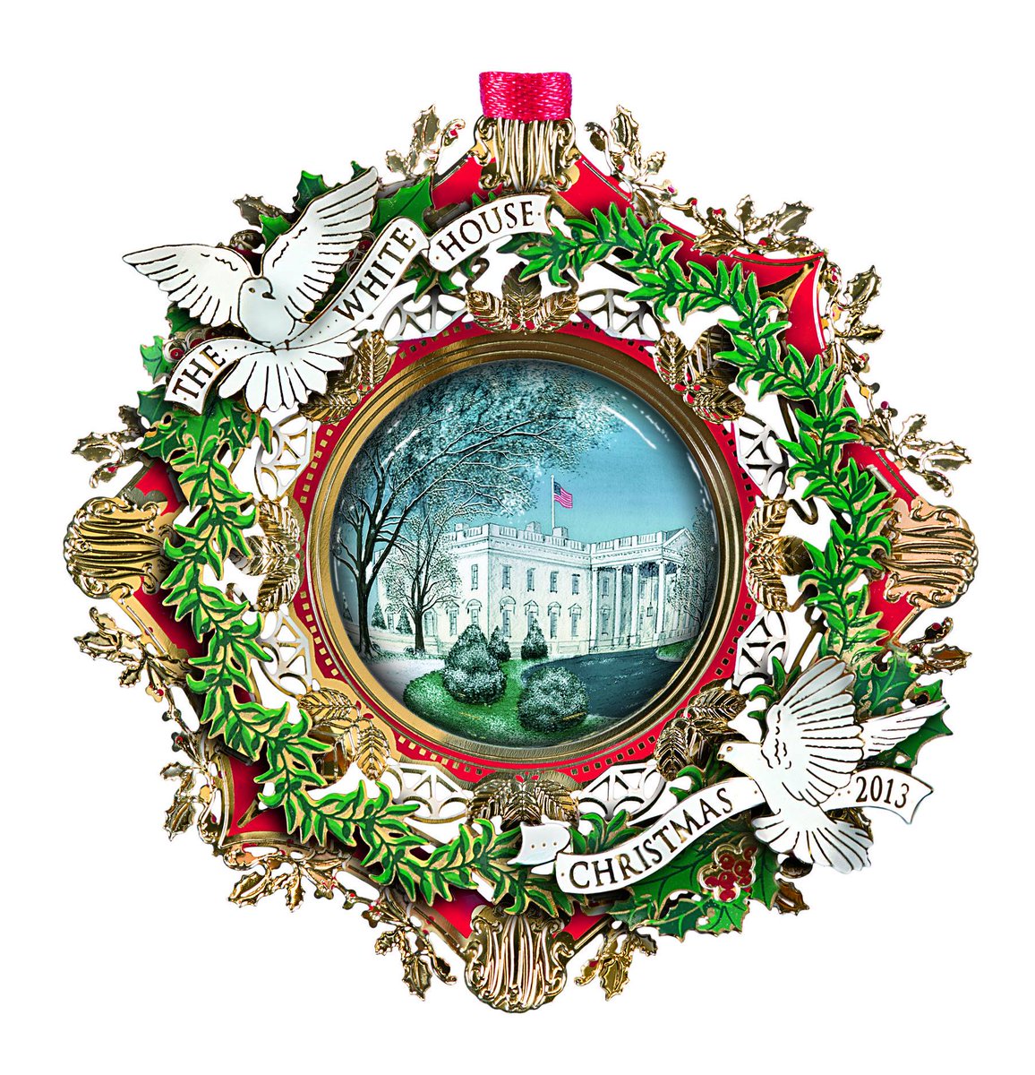 In 2013 ornament honors Woodrow Wilson and commemorates his quest for world peace after the events of World War I. The snowy center scene is surrounded by a frame of elm and holly leaves, olive branches and peace doves.Buy yours:  https://shop.whitehousehistory.org/holidays/ornaments/the-2013-white-house-christmas-ornament