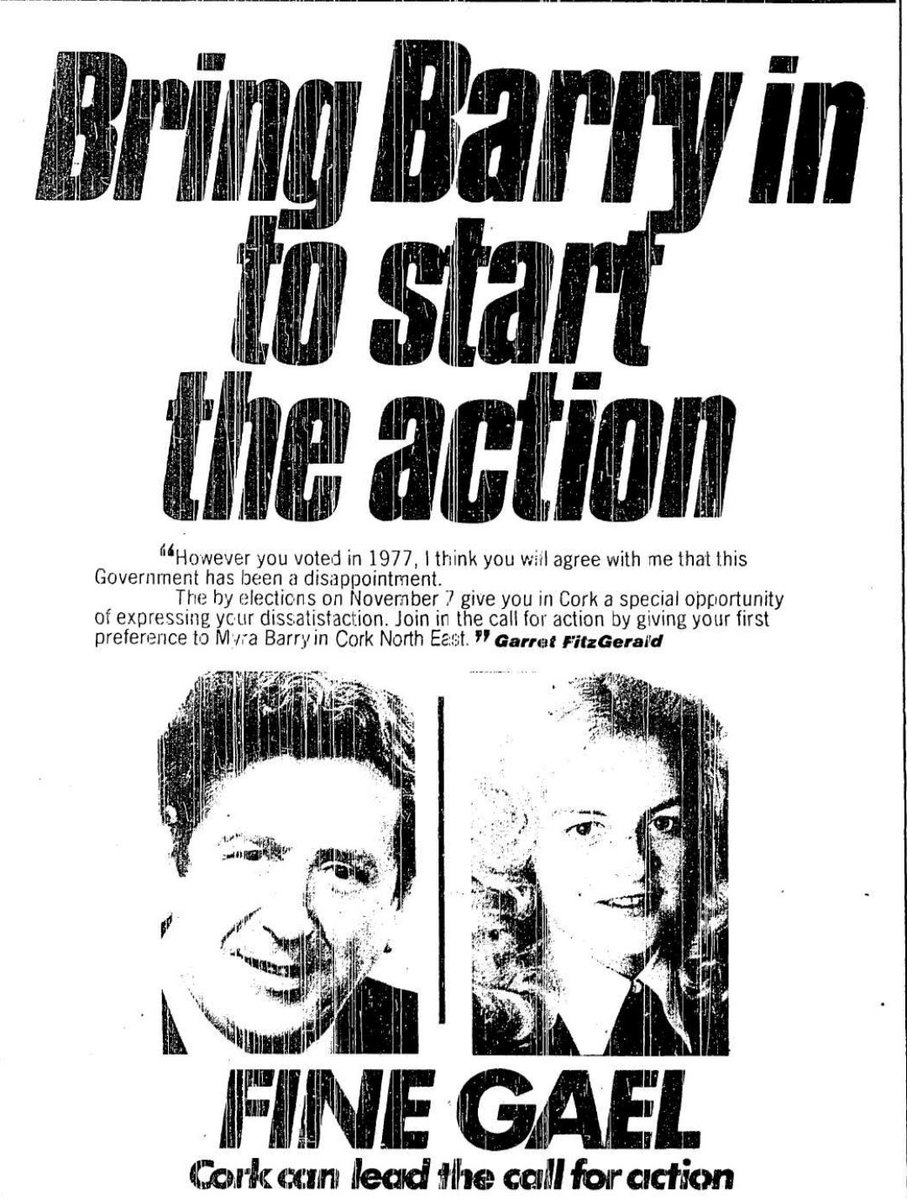 In 1979 Myra Barry was elected in the Cork North East by-election. She then joined her father Dick in the Dail, making them the only Father and Daughter to sit together in the Dail.