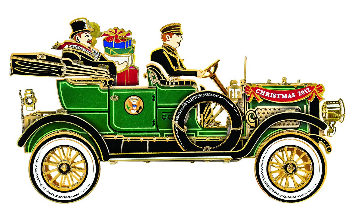 The 2012 ornament celebrates President William Howard Taft's introduction of the automobile to the White House in 1909. Here, the President and First Lady deliver Christmas presents in their White Motor Company's Model M. https://shop.whitehousehistory.org/holidays/ornaments/2012-white-house-christmas-ornament-the-first-presidential-automobile-honoring-president-william-howard-taft-27th-president-of-the-united-states-1909-1913