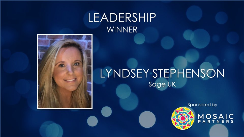 The Leadership Award, sponsored by <a href="/PartnersMosaic/">Mosaic Partners</a> is awarded to Lyndsey Stephenson at Sage UK. Big congratulations and a standing ovation from her table! #NEEA19 #TescoUnderwriting