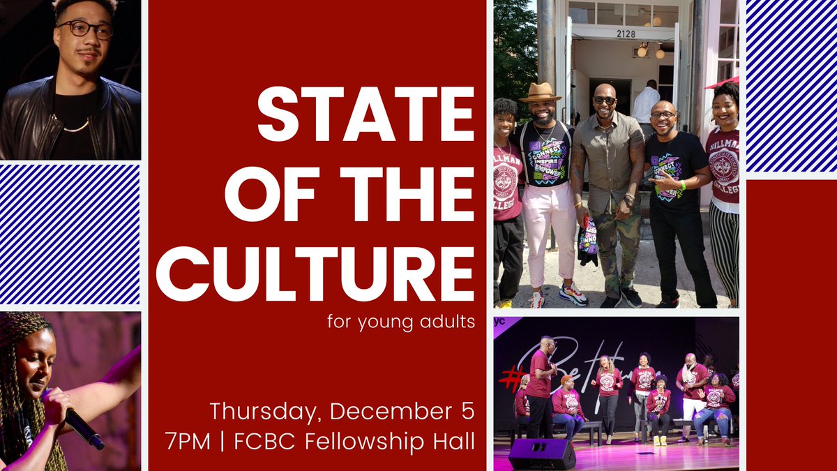 FCBCNYC's tweet photo. Young Adults - You're invited to State of the Culture: Ugly Sweater Edition on Thursday, December 5th at 7PM in the Fellowship Hall. Let's celebrate the holiday season, reflect on the year and acknowledge the lessons we’ve learned together! 
___
@MikeWalrond #fcbcharlem #fcbcnyc https://t.co/hBrBhhpl0m