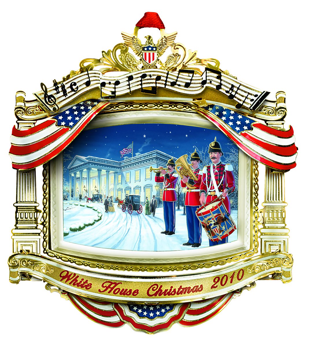 The 2010 ornament remembers the administration of William McKinley and honors the role of music during White House events. The McKinleys began the tradition of receptions with music as the leading feature, which continues to this day. https://shop.whitehousehistory.org/holidays/ornaments/the-2010-white-house-christmas-the-united-states-marine-band-honoring-william-mckinley-25th-president-of-the-united-states-1897-1901