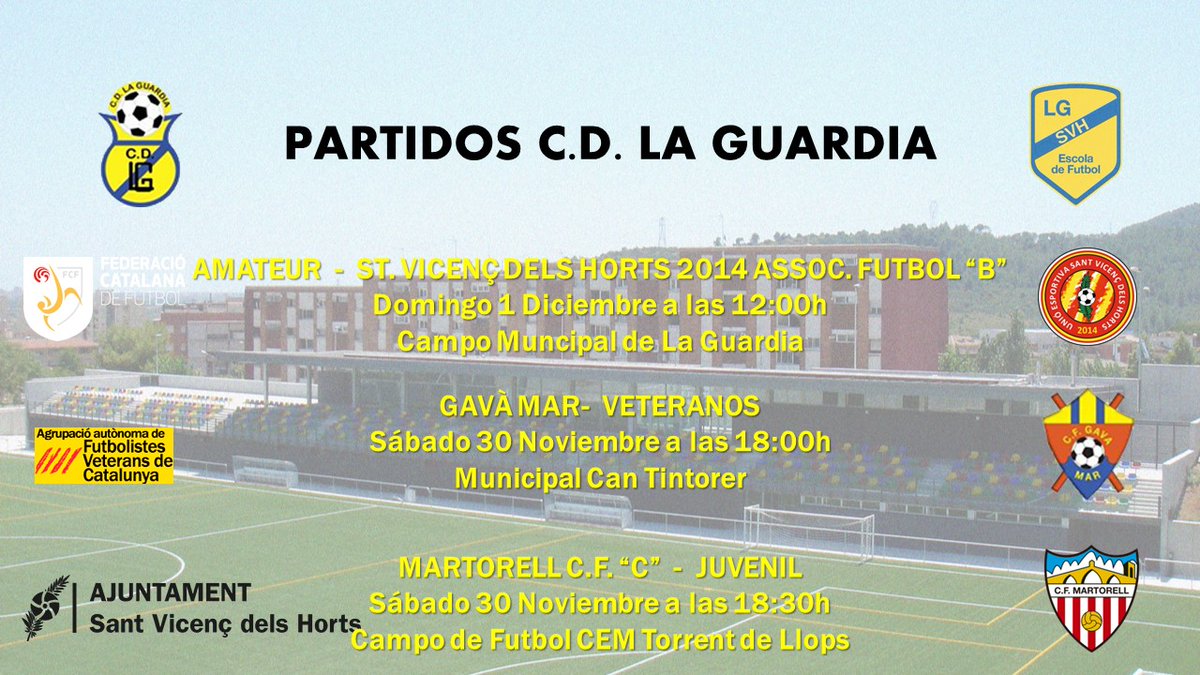 Partidos fin de semana:

Amateur vs <a href="/UESVH/">Unió Esportiva Sant Vicenç</a>: Derbi de La Guardia.

<a href="/gavamarcf/">CF GavàMar</a> vs Veteranos: a hacer valer los resultados positivos de las últimas jornadas.

<a href="/cfmartorell/">CF Martorell</a> - Juvenil: A seguir creciendo y sumando.

#fcf #futcat #futbolcatala #svh