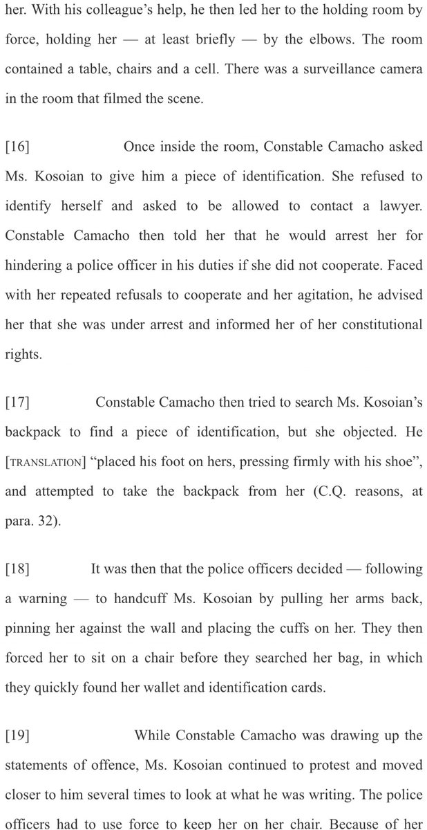 Facts here. The plaintiff ended up detained in a room and handcuffed to a chair after refusing to hold the handrail, give her name or accompany the cop to a room.