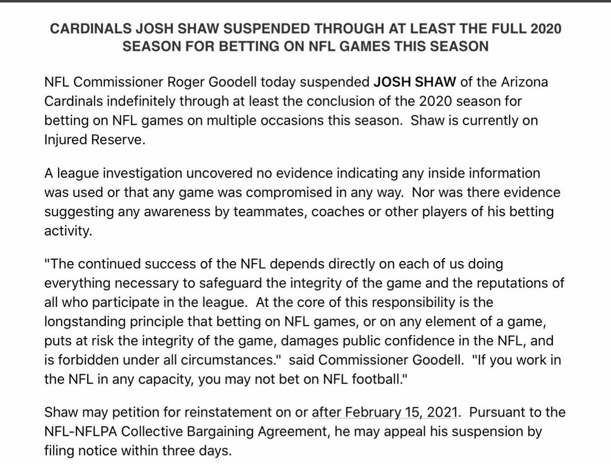 AdamSchefter's tweet image. Cardinals’ DB Josh Shaw suspended through the 2020 season for....betting on NFL games.