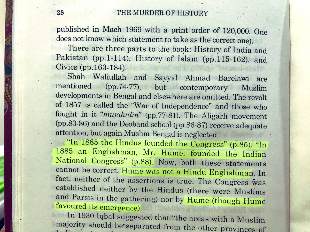 INCORRECT:In 1885 the Hindues founded the Congress. (p-85)In 1885 an Englishman Mr Hume founded the INC. (p-88)Two different statements in one book.CORRECT: Hindus, Muslim & Parsis founded INC. Mr Hume favoured it’s emergence. #TheMurderOfHistory  #bookscache