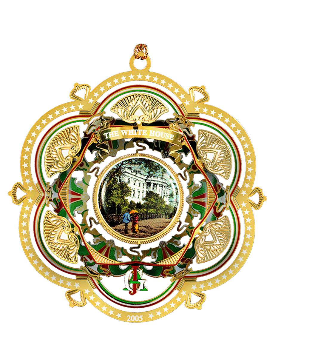 The 2005 ornament honors the 20th President, James A. Garfield. The ornament's decorative touches are derived from Garfield's home in Mentor, OH and the president's monogram is reproduced from his inaugural ball decorations.See more:  https://shop.whitehousehistory.org/holidays/ornaments/2005-white-house-christmas-ornament-the-south-facade
