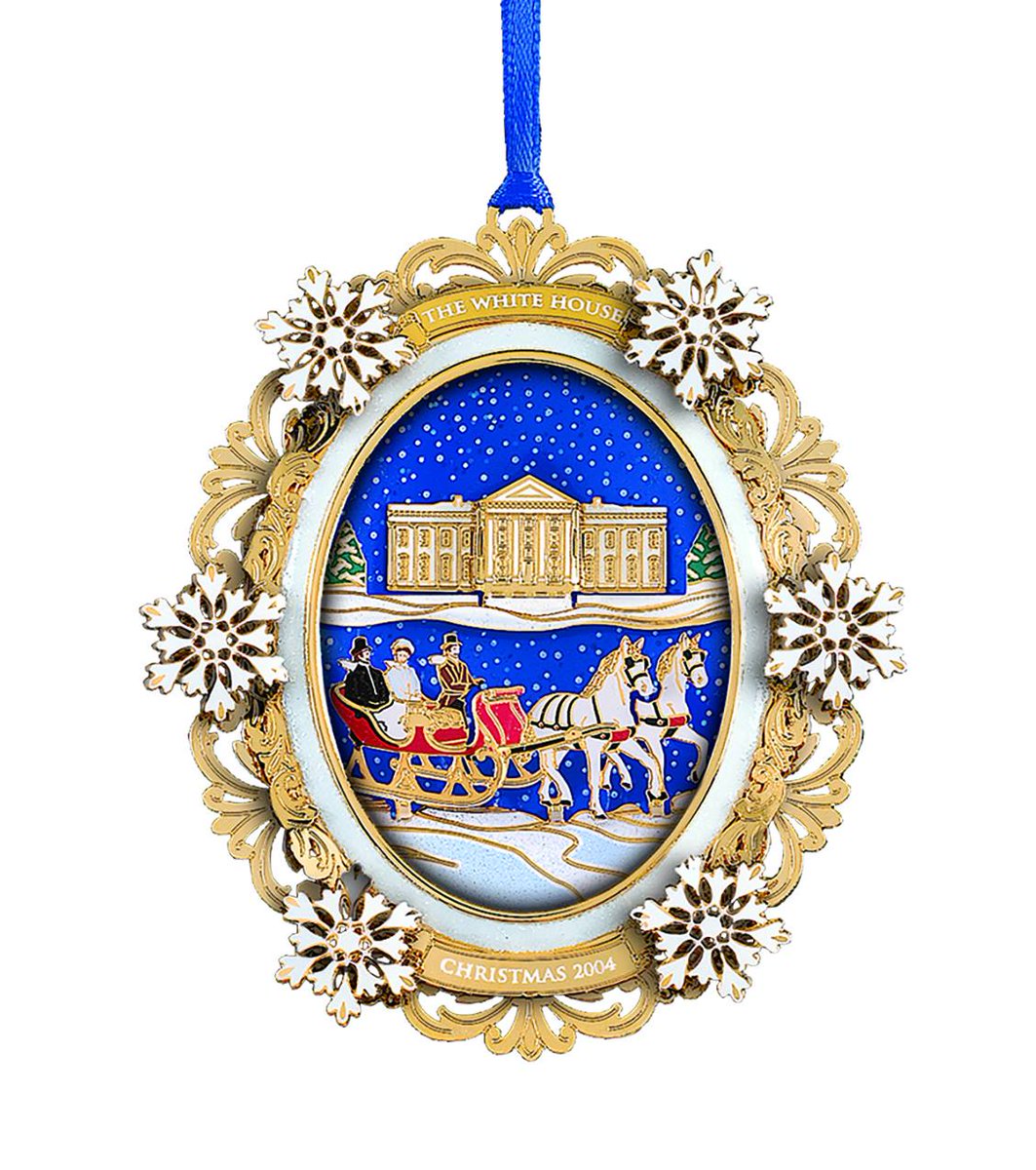 The 2004 official White House Christmas Ornament celebrates the administration of Rutherford Hayes and commemorates his love of winter weather. Hayes enjoyed taking his family and guests on sleigh rides around Washington.Buy yours:  https://shop.whitehousehistory.org/holidays/ornaments/2004-white-house-christmas-ornament-a-first-familys-sleigh-ride