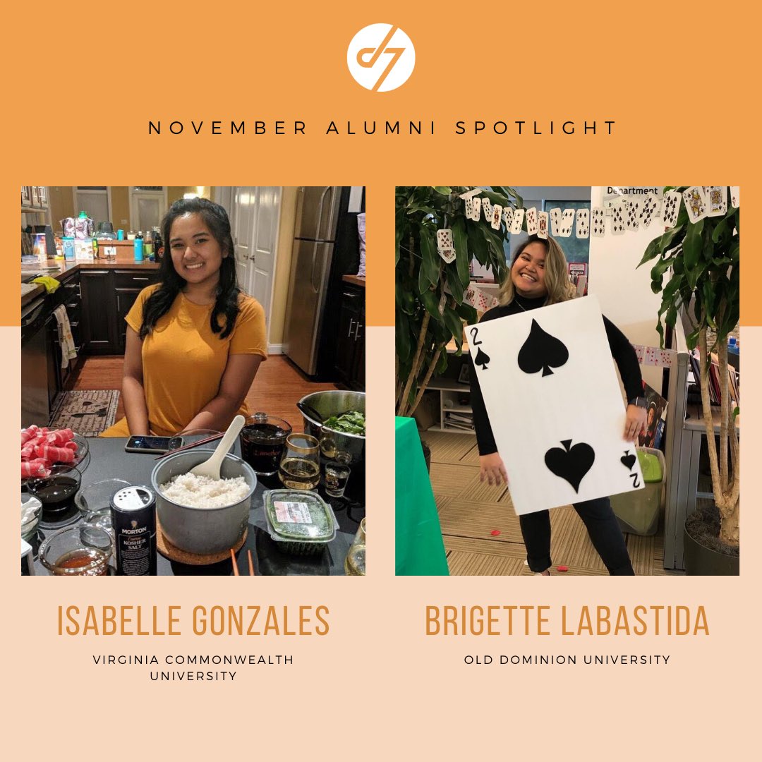 FIND_D7's tweet photo. Isabelle Gonzales (VCU '16) and Brigette Labastida (ODU '18) are featured in this month's spotlight! Check out their interviews down below and read all about their advice and their experiences within D7.

Nomination Form for Alumni Spotlight: https://t.co/vOjx6Bw2mI https://t.co/cnfA3PYbC6