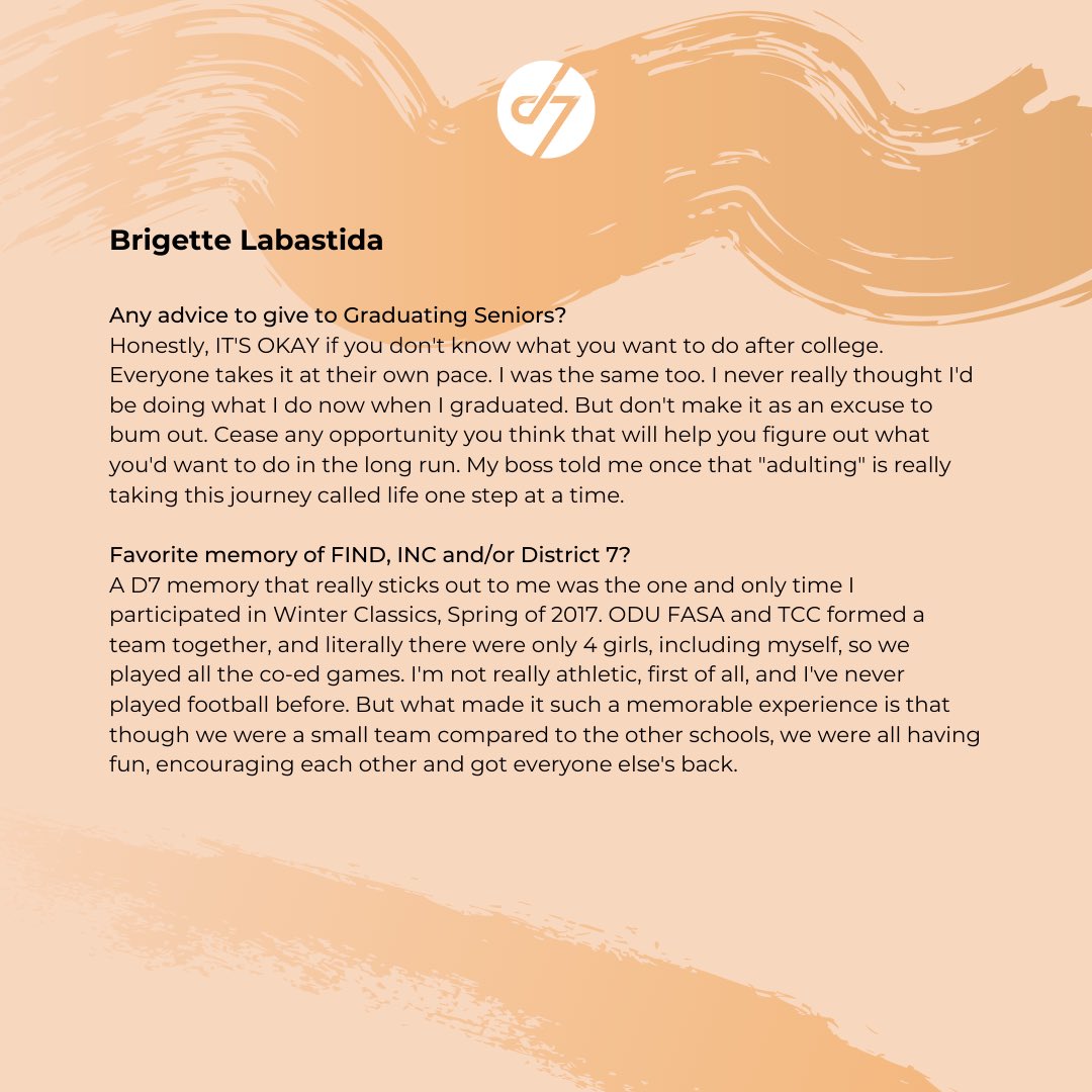 FIND_D7's tweet photo. Isabelle Gonzales (VCU '16) and Brigette Labastida (ODU '18) are featured in this month's spotlight! Check out their interviews down below and read all about their advice and their experiences within D7.

Nomination Form for Alumni Spotlight: https://t.co/vOjx6Bw2mI https://t.co/cnfA3PYbC6