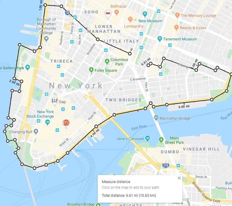 splitDiff's tweet photo. @staphwriter @mathewi I get about 6.6 miles on Google maps, so I vote for the app in the second screenshot. https://t.co/u6zGelpTZz