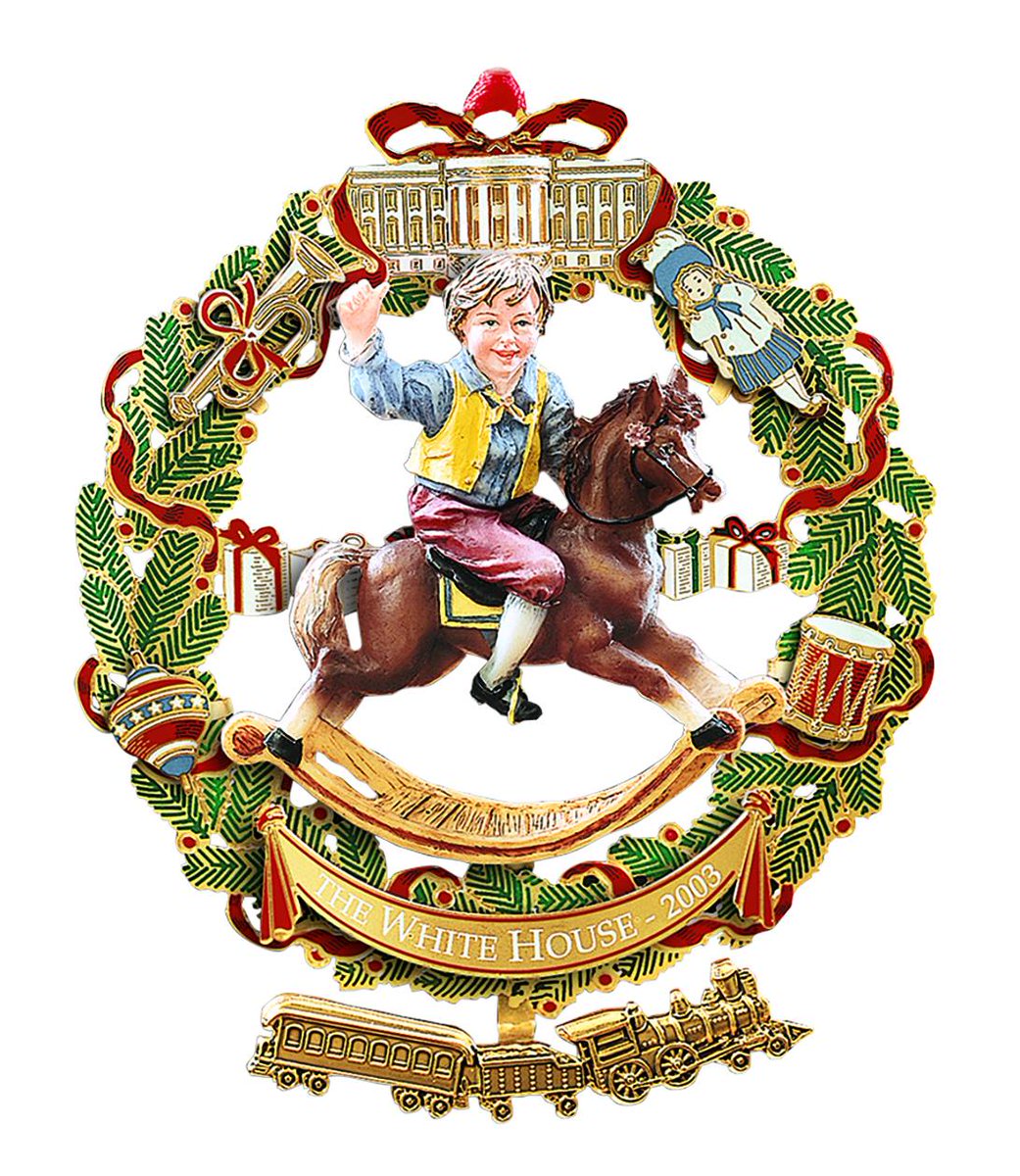 The 2003 ornament honors President Ulysses S. Grant and his family. Inspired by a Victorian illustration of a child’s joy at Christmas, this hand-painted porcelain figure is surrounded by a wreath of toys available during the Grant era (1869-77). https://shop.whitehousehistory.org/holidays/ornaments/2003-white-house-christmas-ornament-rocking-horse-honoring-ulysses-s-grant-18th-president-of-the-united-states-1869-77