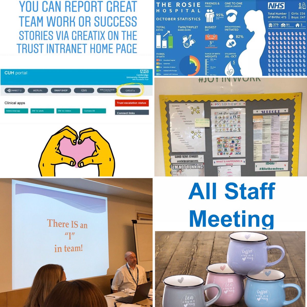 PathwayTara's tweet photo. This weeks @CUH_NHS highlights:
#allstaffevent
#greatix sharing
#huginamug plans
#positivity board plans
#selfcare - caring for you campaign focus @adgercm  
#joyinwork with @thorpe_gilesRN 
#MSWWeek2019 area visits https://t.co/ZqNnyDEubW