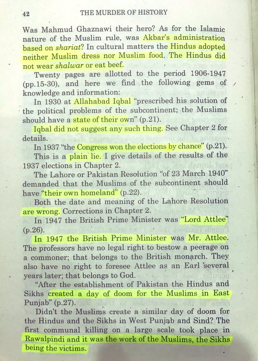 INCORRECT:Hindus adopted Muslims attire and food.Iqbal gave solution of separate Muslim state at Allahabad Congress won 1937 elections by chance.Lahore resolution demanded for Muslims state of own.In 1947, British PM was Lord Attlee. #TheMurderOfHistory  #bookscache