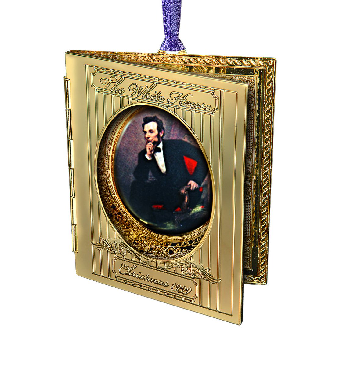 The 1999 ornament honors President Abraham Lincoln and features his official White House portrait by George P.A. Healy. Today, the painting hangs over the fireplace in the State Dining Room. https://shop.whitehousehistory.org/holidays/ornaments/1999-white-house-ornament-lincoln-s-portrait-honoring-abraham-lincoln-16th-president-of-the-united-states-1860-1865