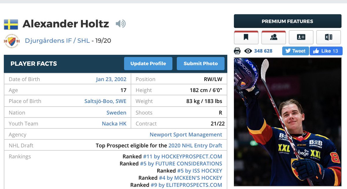 eliteprospects's tweet photo. ...so Swedish top prospect, Alexander Holtz, stepped down and played in the U20 junior league tonight. He left the ice with 4 goals and 2 assists as Djurgรฅrden crushed Mora #borntoscore
https://t.co/gB0DUaT8f6 https://t.co/RJyW6UQHca