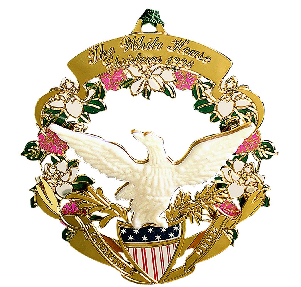The 1998 ornament commemorates James Buchanan with the eagle and shield insignia that first appeared on glassware during the Jackson administration. Buchanan was the last president to use this pattern.But you can use the pattern on your tree:  https://shop.whitehousehistory.org/holidays/ornaments/1998-white-house-christmas-ornament-eagle-and-shield-honoring-james-buchanan-15th-president-of-the-united-states-1857-1861