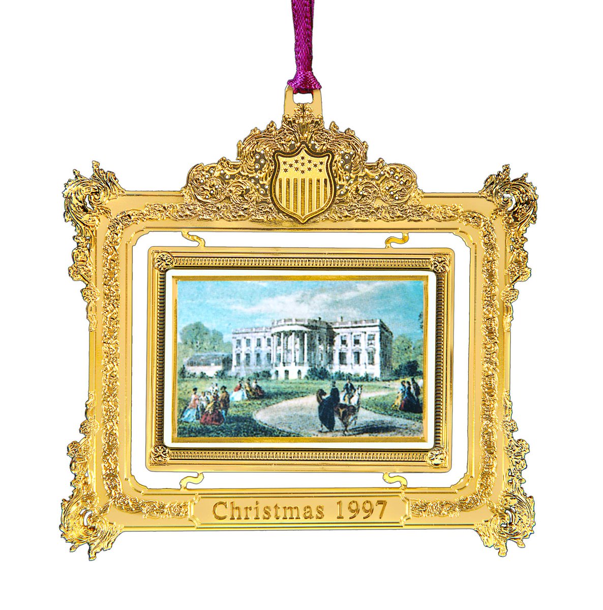 The 1997 ornament honors the administration of our 14th president, Franklin Pierce. The fancy gilt frame is based upon the elaborate gold-leafed frames of two huge mirrors Pierce hung in the state parlors. https://shop.whitehousehistory.org/holidays/ornaments/1994-to-1997-white-house-christmas-ornaments-sold-as-a-set-of-four