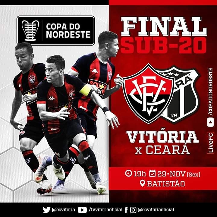 LoucaspeloECV's tweet photo. HOJE É DIA DE DECISÃO!

O Vitória entra em campo para a disputa da final da Copa do Nordeste Sub20 contra o Ceará às 19h, no estádio Batistão.

A partida será transmitida pelo YouTube da CN.

Estaremos torcendo por vocês, joguem por nós.

#LPECV
#Ecvitoria 
#CopadoNordestesub20 https://t.co/QsvrtXoiuU