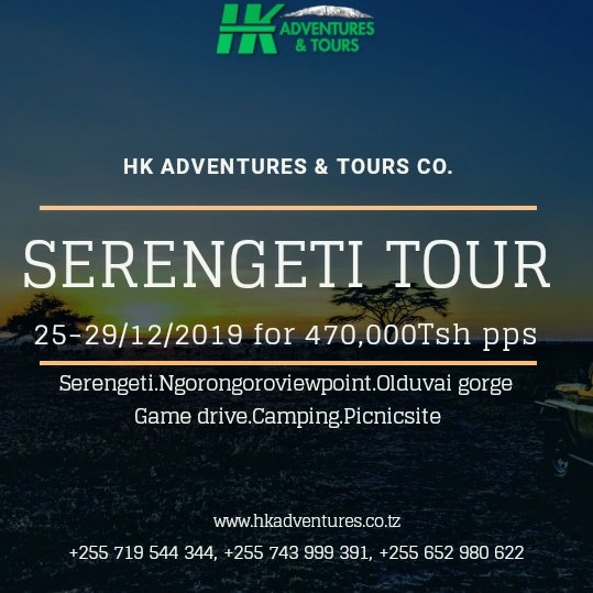 hkadventuresnt1's tweet photo. #SERENGETITOUR
#SERENGETITOUR FOR 470,000 TSH PPS ON 25-29/12/2019.
Gharama ni za
-usafiri
-chakula
-Malazi
-Tozo ya hifadhi
-Serengeti Tour
-Arusha city tour
-Snake park
:
Kwa mawasiliano zaidi
WhatsApp no:
0719544344
0625980622
0743999391 https://t.co/dwTAJF7WZz