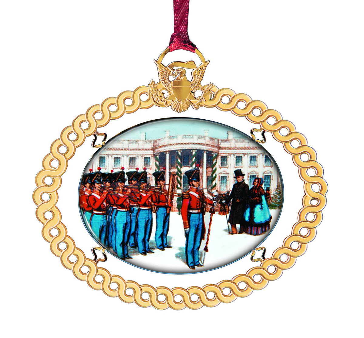 President James K. Polk and First Lady Sarah Polk are being serenaded by the United States Marine Band in the 1994 White House Christmas Ornament. The tradition of regularly playing "Hail to the Chief" began during the Polk era. https://shop.whitehousehistory.org/holidays/ornaments/1994-to-1997-white-house-christmas-ornaments-sold-as-a-set-of-four