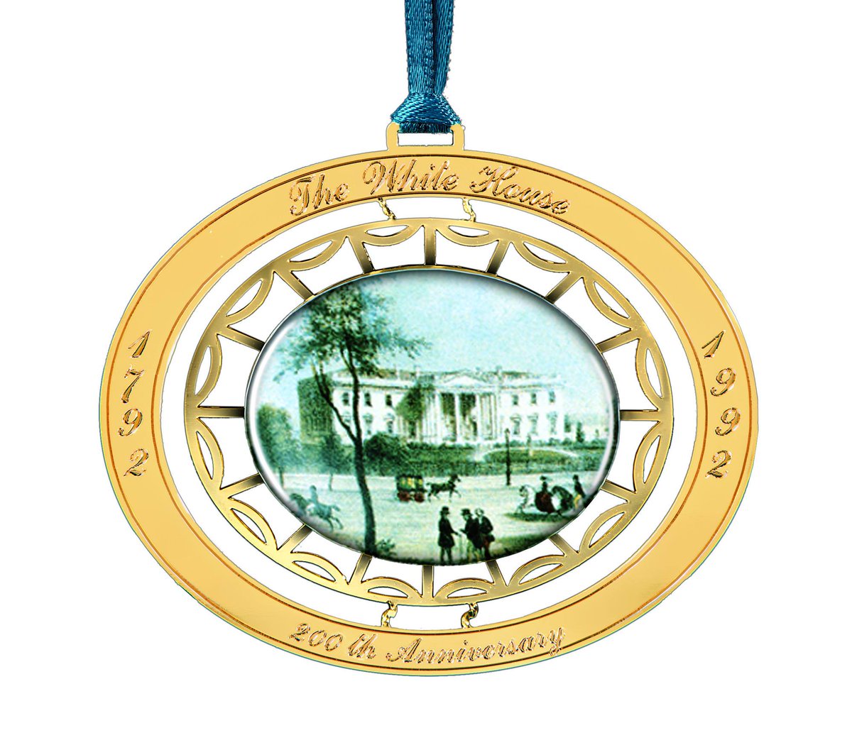 1992 marked the bicentennial of the laying of the White House Cornerstone. The 1992 White House anniversary ornament commemorates this milestone with text from the cornerstone and a reproduction of an 1848 watercolor. https://shop.whitehousehistory.org/holidays/ornaments/1990-1993-four-white-hour-ornaments-sold-as-a-set