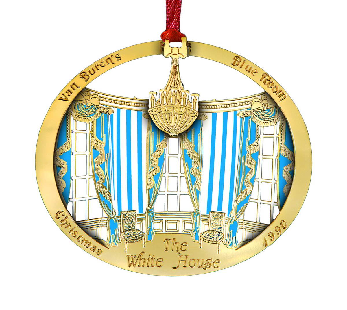 The 1990 ornament honors President Martin Van Buren. He installed central heating to the White House's main rooms and ordered the central parlors redecorated. Van Buren wanted the oval room to be blue and it has been the Blue Room ever since. https://shop.whitehousehistory.org/holidays/ornaments/1990-1993-four-white-hour-ornaments-sold-as-a-set