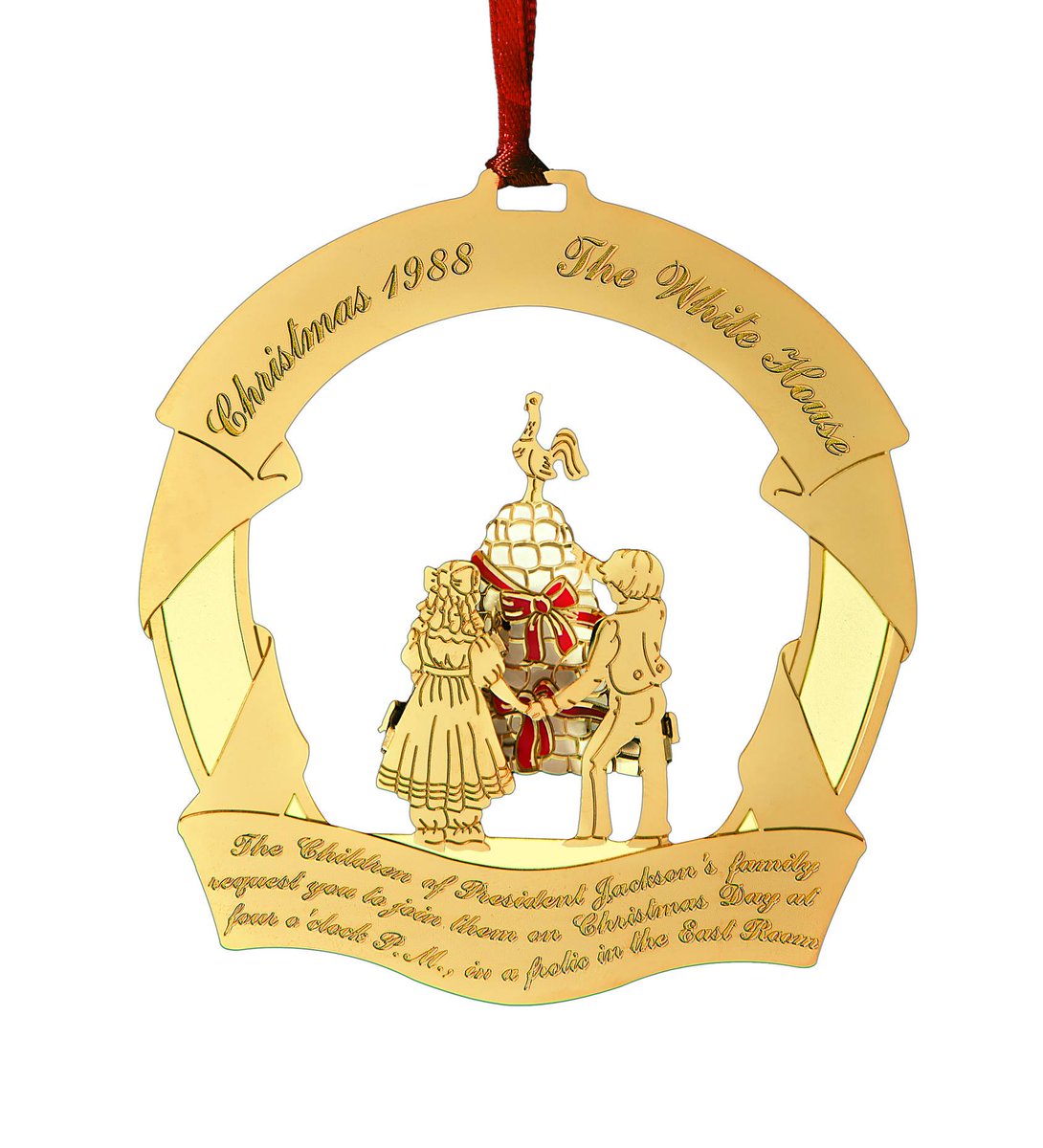 The 1988 Official White House Christmas Ornament honors the 7th President of the United States, Andrew Jackson. The design was inspired by a Christmas Day frolic in the East Room with children from the Jackson family. https://shop.whitehousehistory.org/1985-1988-four-white-house-ornaments-sold-as-a-set