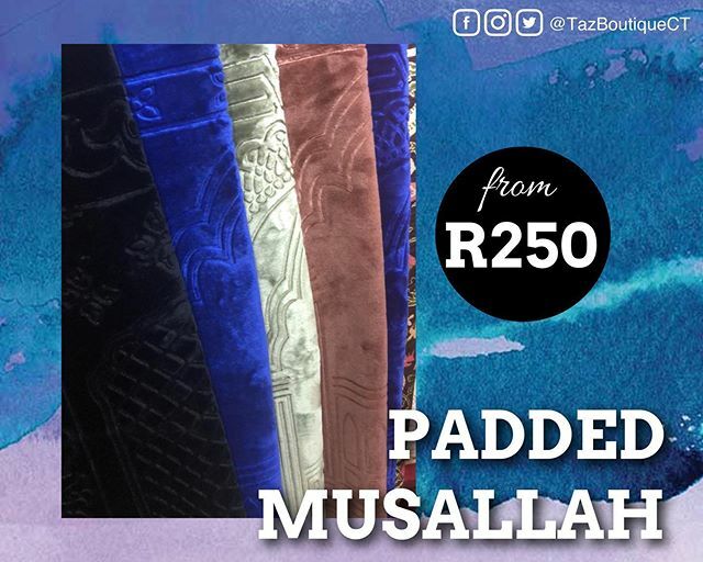 tazboutiquect's tweet photo. Padded Musallahs (Various Colours)
@ R250
#tazmania #tazboutiquect #musallah https://t.co/5hdrk6dkmx https://t.co/5tb93AiAnR