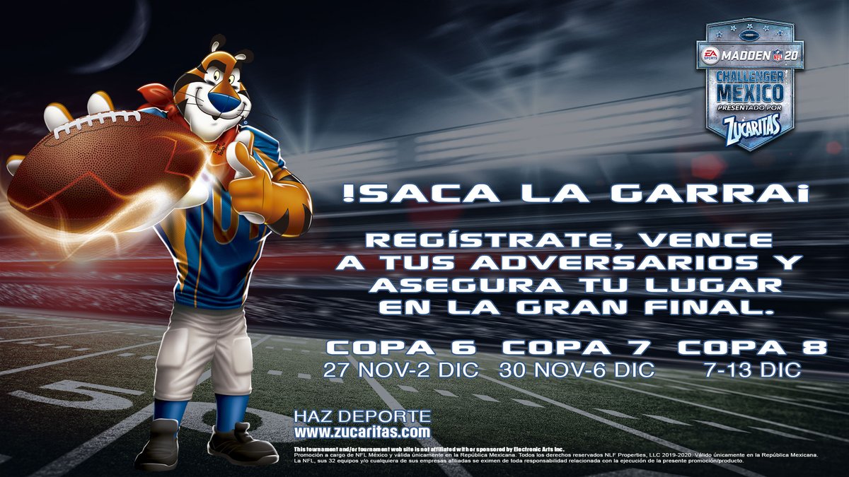 Aún estás a tiempo de competir por un lugar en la gran final de #MaddenChallengerMx gracias a <a href="/nflmx/">NFL México</a> y <a href="/ZucaritasLATAM/">Tigre Tony™ (Toño)</a>

Saca la garra y regístrate en la siguientes copas para derrotar a todos tus adversarios battlefy.com/gamelta 🎮
