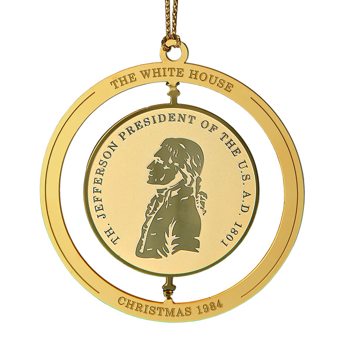 The 1984 Official White House Christmas Ornament remembers the administration of Thomas Jefferson. The design is based on the historic Jefferson Peace Medal, minted in 1801.  https://shop.whitehousehistory.org/1981-1984-first-four-white-house-ornaments-sold-as-a-set