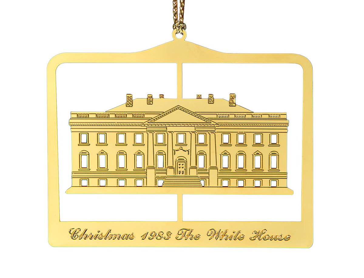 The 1983 ornament commemorates our second President John Adams. He was the first president to live in the White House and the ornament depicts the north facade of the house as he would have known it, before the columned portico was added. https://shop.whitehousehistory.org/1981-1984-first-four-white-house-ornaments-sold-as-a-set