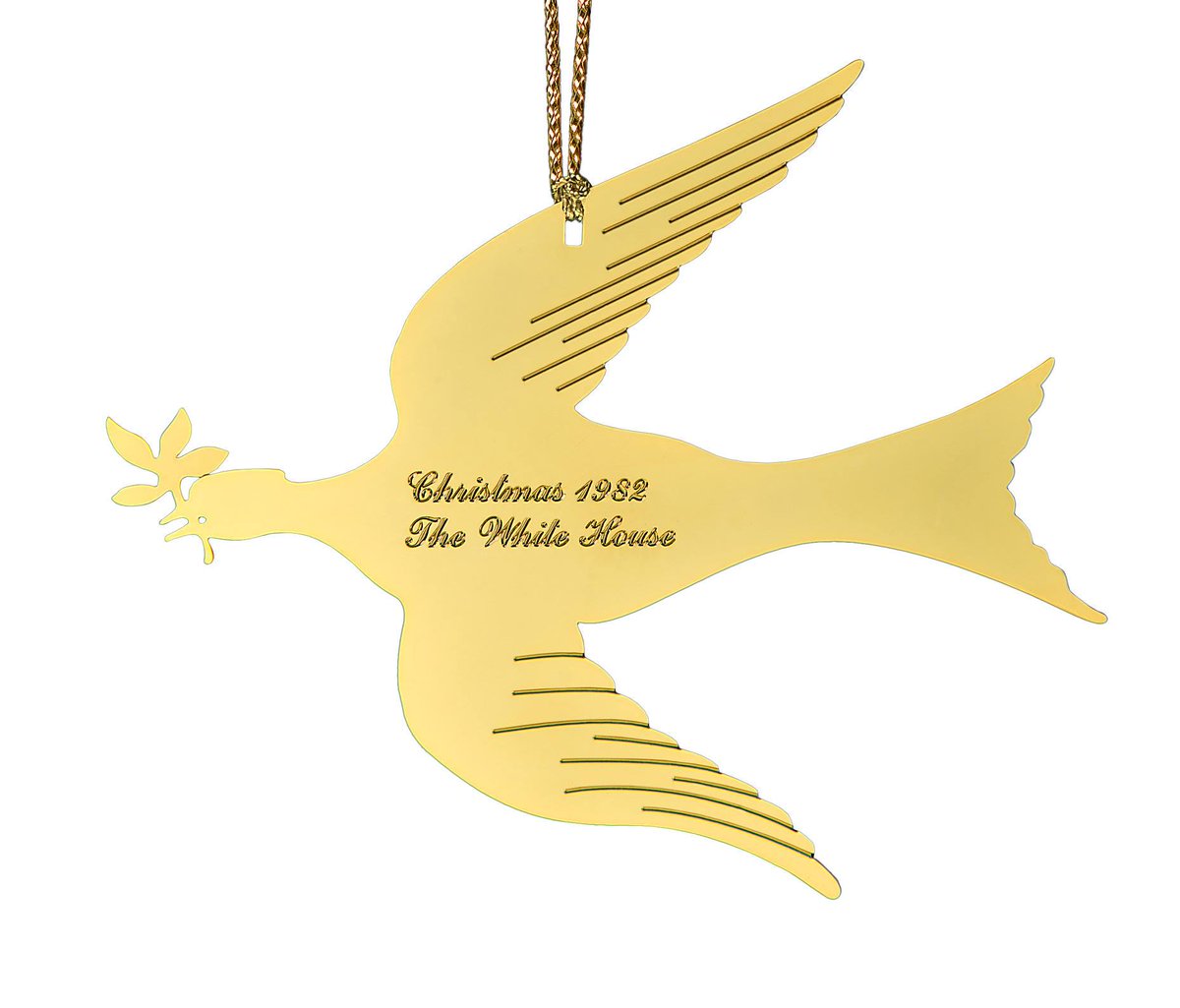 1982's Dove of Peace honors President George Washington. The ornament is a faithful miniature replica of the dove of peace weathervane that Washington commissioned for his home at Mount Vernon. https://shop.whitehousehistory.org/1981-1984-first-four-white-house-ornaments-sold-as-a-set