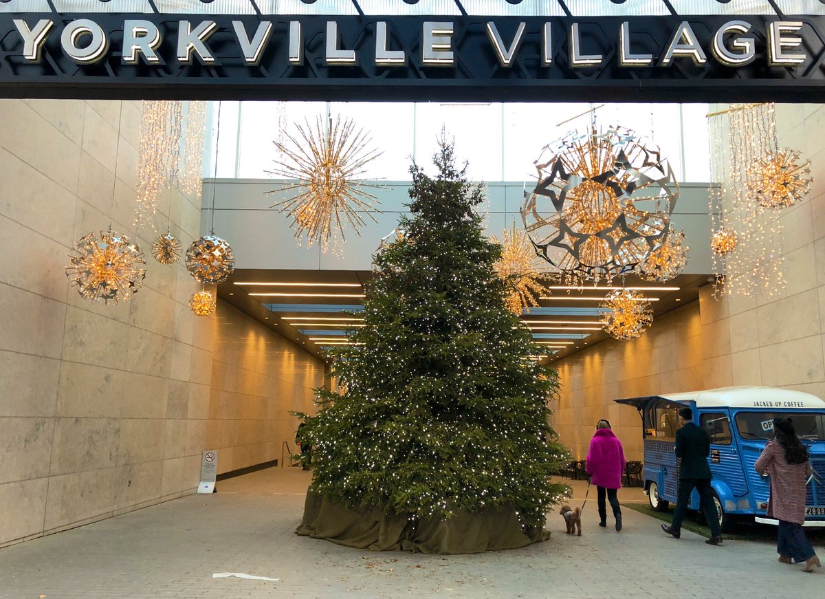 In honour of the  it cost to get this phone running again, here’s the spendthrift Yorkville Village tree. Real tree, large girth, yet austere decoration. A vain attempt to remain humble despite obvious wealth? A tree for our times. 12/10  #EveryCorporateChristmasTreeInToronto – at  Yorkville Village