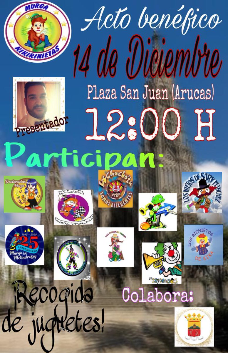 Aounta 🗓 14 de diciembre en la plaza de San Juan (Arucas ) la murga las kikinietas organiza este acto benéfico, ningún niño sin juguetes 
#infojoven #juventud #REDSIJ #solidaridad #TASOTgrupo3ada